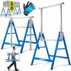 MASKO® Teleskop-Arbeitsbock Untergestell 1-er Set | Klappbock max. Belastbarkeit 200 kg | Unterstellbock höhenverstellbar Min. / max. Arbeitshöhe 800-1300 mm | Gerüstbock inkl. Handschuhe | Blau 1er Set Silber / Blau