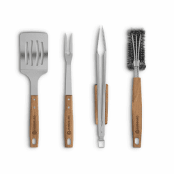 BURNHARD Grillbesteck-Set 4-TLG. 42 cm, Akazienholz Edelstahl, Grillzubehör mit Grillzange, Grillwender, Fleischgabel und Grillbürste mit extra-Langen Holzgriffen und Aufhänge-Ösen