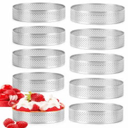 10 Stück Mousse Tartelette Förmchen, Dessert Mousse Ring Mit Löchern, 8cm Edelstahl Tartelette Förmchen, Perforierter Dessertringe Mousse Ring, Für Herstellung Von Pie Quiche Kreis Donutsburger 8 Cm.