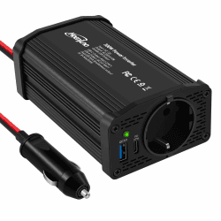 Hoenjuno 300W Wechselrichter 12v auf 220-230v Spannungswandler mit EU Steckdose und Typ-C & QC 3.0 USB Anschluss Laden Sie Ihr Laptop, iPad, iPhone, Tablet, Ihre Konsole Und Mehr-Schwarz