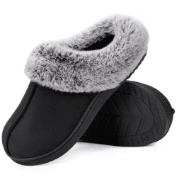 HomeTop Damen Microsuede Hausschuhe Warm Klassische Langlebige Rutschfest Memoryschaum Pantoffeln mit Flauschiger Kunstfellkragen 40/41 EU Schwarz