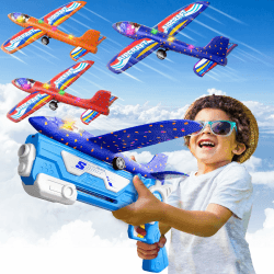 Doloowee Flugzeug Spielzeug, 3 Styroporflieger mit Katapult Spielzeugpistole, Outdoor Spielzeug für Kinder ab 4 Jahre, Geschenk Jungen Mädchen 4 5 6 7 8 9 10 Jahre