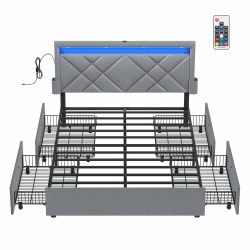 VASAGLE Bett 140 x 200 cm, Polsterbett, Doppelbettgestell, LED, Bettgestell, Metallbett, 4 Schubladen, Ladestation, verstellbares gepolstertes Kopfteil, hellgrau-Mattschwarz RMB827G01