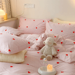 Lanqinglv Bettwäsche 135x200 Mädchen Rosa Herzenmuster Gestreift Kinder Bettwäsche aus Microfaser,ÖKO-TEX Bettwäsche Set - Bettbezug mit Reißverschluss und 1 Kissenbezug 80x80 cm