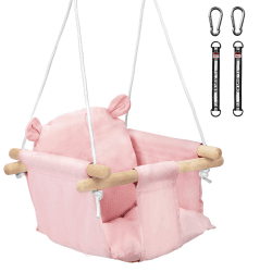 Littleboyny Schaukel für Baby Kinder mit Sicherheitsgurt Edelstahl Karabiner Weichen Kissen bis 50kg Zulässig Längenverstellbaren CE Rosa Bär-Muster für Garten In- Outdoor