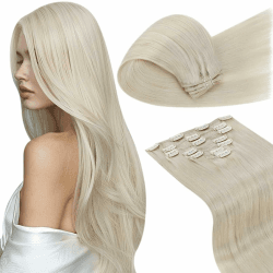LaaVoo Ehthaar Extensions Clip Blond 45cm Clip in Extensions Echthaar Remy Human Hair Weissblond Haar Extensions Echthaar Clips fur Kompeltte 120g #60 7 Stück 45cm-120g 2.3#60