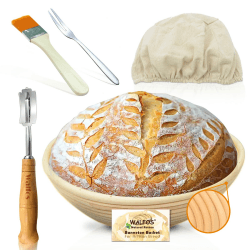 Gärkörbchen - Walfos® Rundes gärkorb zum brotbacken-Set, 100% natürlichem Rattan, inklusive Bäckermesser, Pinsel,Brot Gabel und Leinenbezug, ideal für Heim- und professionelle Backen-23cm