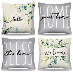 DakTou 4er Set Kissenbezüge 45 x 45 cm Grüne Eukalyptus Blättern Outdoor Kissen Kissenhülle Leinen Moderne Grau Sofakissen Dekokissen Home Bless Frühling Sommer Quadratische für Sofa Garten