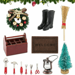 Aoreun 13 Stück Wichteltür Weihnachten Set, Zubehör Weihnachten Feentür mit Werkzeugkasten und 6 Pcs Werkzeug, Weihnachtsbaum,Fußmatte,Laterne,Kranz,Stiefel,Besen, Miniatur Wichteltür Komplettset