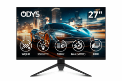 ODYS i27-Q-180 - 27 Zoll Gaming Monitor (69 cm Bildschirm, WQHD, 2.560x1.440 Pixel, 180 Hz, 1 ms Reaktionszeit (MPRT), Fast IPS Panel, FreeSync, HDMI, Display Port, 3,5mm Kopfhöreranschluss)