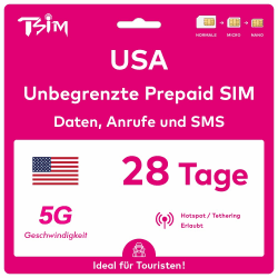 TSIM USA SIM-Karte 28 Tage | Unbegrenztes Datenvolumen, Anrufe & SMS | Prepaid USA SIM | Nutzt das T-Mobile-Netzwerk | Nummer vor der Reise erhalten | Hotspot-Sharing erlaubt | 5G SIM Karte! 28 Day