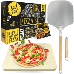 Loco Bird Pizzastein für Backofen & Gasgrill inkl. Pizzasschieber - 3er Set - Pizzastein rechteckig aus Cordierit für knusprigen Pizzaboden wie vom Italiener, Pizzaschieber und Rezeptbuch