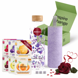 waterdrop® Valentinstag Geschenkset – 600ml Glas-Trinkflasche auslaufsicher & kohlensäuregeeignet – 18 Zuckerfreie Getränkewürfel – Premium Geschenkbox – Geschenk für Sie & Ihn, Männer & Frauen