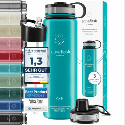 Trinkflasche Edelstahl ACTIVE FLASK + Strohhalm (3 Deckel) BPA-frei, Auslaufsicher, Kohlensäure geeignet - Wasserflasche Fahrrad Thermosflasche Isoliert Isolierflasche Sport Wasser Flasche Kinder Tee