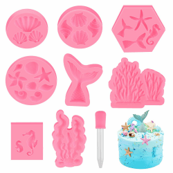 GHVACZS 8 Stück Meerjungfrau Tortendeko, 3D Meerjungfrau Fondant Form, Tortendeko Meerjungfrau mit 1 Stück 5ml Tropfer, Fondant Formen Meerjungfrau für Kuchen, Pralinen, Süßigkeiten