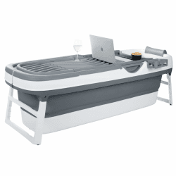 HelloBath® Faltbare Badewanne für Erwachsene XXL, 157x60x48cm – Mit Badekissen, Aufbewahrungshülle, Badelampe und Massagerollen – Erwachsene Mobile Badewanne | Badewanne für Dusche & Outdoor (Grau)