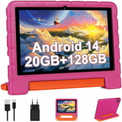 2025 Neueste Kinder Tablet 10 Zoll Android 14 Tablet, 20 GB RAM+128GB ROM(TF 1TB), 5G WIFI 6, Octa-Core, Widevine L1, Kindersicherung, 6000mAh, BT 5.0, GMS Certified Kids Tablet mit Eva Case - Rosa
