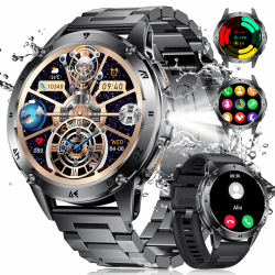 Herren Smartwatch mit LED Taschenlampe für Android iOS Smartwatch Herren mit Anruf Bluetooth 1,43 Zoll AMOLED Smartwatch Männer 530 mAh schwarz Edelstahl Smartwatch 100+ Sport Gesundheit Monitor