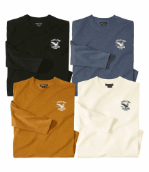 ATLAS FOR MEN - 4er-Set T-Shirts für Herren - Lange Ärmel - Rundhalsausschnitt - Verfügbar in großen Größen von M bis 5XL L Écru, Bleu, Moutarde Et Noir
