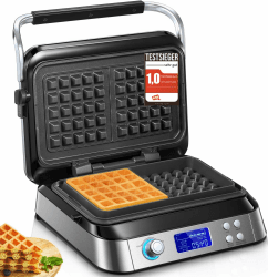FOHERE Waffeleisen 1600 W, Doppelwaffeleisen für Belgische Waffeln, 5 Programme, 7 Bräunungsstufen, LCD Display, Countdown Timer, Überlaufrille, Extra Tiefe Heizplatten