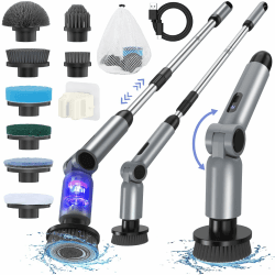Elektrische Reinigungsbürste, [Aktualisierte Version] Homtronics Elektrische Putzbürste, Verstellbarer Langgriff, Electric Spin Scrubber Schnurlos mit 8 Bohrbürstenköpfen für Bad Küche Auto, Grau