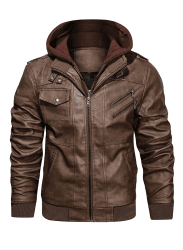 HOOD CREW Lässige Biker Lederjacke aus Kunstleder für Herren mit abnehmbarer Kapuze XL Braun