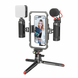 SMALLRIG Universal Phone Video Rig Kit für iPhone, Smartphone und Kameras, Telefonstabilisator-Rig mit Stativmikrofon, LED-Licht, seitlichem Griff, Powerbank-Halterung, für Vlogging – 3384C