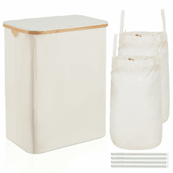 ROSOS Wäschekorb mit Deckel, 150L Faltbarer Wäschekorb 2 Fächer mit Herausnehmbaren Wäschesack, Wäschesammler mit Deckel & Bambus Griff, Wasserdichter Wäschebox mit Deckel, Beige