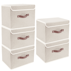 TYEERS Faltbare Aufbewahrungsbox mit Deckel, Stoff, Waschbare, Kisten Aufbewahrung mit Deckel, 38x25x25 cm, 5-Stück, Beige
