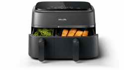Philips Airfryer Dual Basket 3000 Series, 9L, 2 Körbe, 2 Gerichte gleichzeitig fertig, RapidAir Plus Heißlufttechnologie, 90% weniger Fett, Energieeffizient, HomeID Rezepte-App (NA350/00)