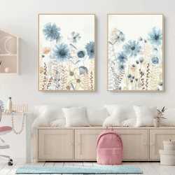 Trayosin Poster 2-teiliges Set Schlafzimmer Deko Bilder,Blau Vogel und Blume Premium Bilder, Leinwand Kunstdruck,Modern Wandbilder für Schlafzimmer und Wohnzimmer,ohne Rahmen (40x50cm,Blumen)