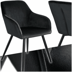 tectake® moderner Esszimmer Stuhl mit Armlehnen, Sitzfläche aus Samt, Armlehnstuhl, Sessel Wohnzimmer, gepolsterter Office Chair mit schwarzen Metallbeinen, Schminktisch Stuhl - schwarz