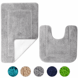 SOANNY Badematte 2er Set, Hochdichte Mikrofaser, rutschfest & Schnell Trocknend, 53x86 cm Badteppich & 50x50 cm WC Vorleger, Grau