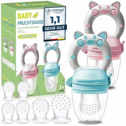 Fruchtsauger Baby, 2 Stück Obstschnuller für Babys ab 3 Monate, 2023 Upgrade Version, Schnuller Zum Befüllen, Breisauger, Obst Schnuller Baby, BPA frei, 8 Silikon Sauger in 3 Größen