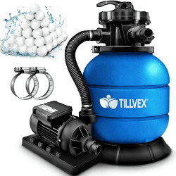 tillvex® Sandfilteranlage Pool 7.900L/h inkl. 400g Filterbälle | Filteranlage 7-Wege Ventil & 2in1 Adapter Ø32mm - 38mm | Poolfilter mit Druckanzeige | Sandfilter für Schwimmbecken (Blau)