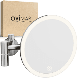 ovimar Kosmetikspiegel Vorupor Silber | mit Beleuchtung | wiederaufladbar | Wandmontage zum Bohren | im Badezimmer |5fach Vergrößerungsspiegel | Schminkspiegel mit Licht | 360 Grad
