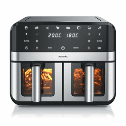 Arendo - Dual Zone Heißluftfritteuse 9L - mit 2 Kamern - XXL Kapazität 2 Fächer – Sichtfenster Beleuchtung - Airfryer - Touchscreen - 3D Umluftsystem - Antihaftbeschichtung - spülmaschinenfeste Körbe