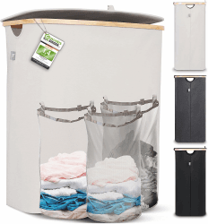 Hennez Wäschebox 150L - Wäschekorb 3 Fächer - Deckel - Wäschesortierer mit Wäschesack - Laundry Baskets - beige Bambus - Wäschetonne - Wäsche Sortiersystem - Wäschesammler