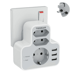 TESSAN Adapter England Deutschland Stecker, Reisestecker Typ G Adaptor Steckdose England, Reiseadapter für England mit 3 USB, Steckdosenadapter UK Adapter auf EU Adaptor, UK Euro Stecker