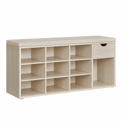 VASAGLE Schuhbank, Schuhregal mit Schublade und offenen Fächern, Sitzbank, gepolsterter Sitz, Flur, Schlafzimmer und Eingangsbereich, 30 x 104 x 48 cm, naturbeige-cappuccinobeige LHS024K03