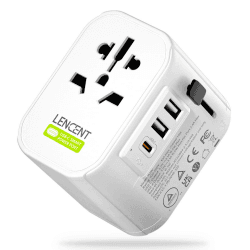 LENCENT Reiseadapter Reisestecker Weltweit 2-Pin EU Steckdose 2500W auf 3-Pol mit USB-C & 2 USB-A Internationale Reiseadapter Travel Adapter Weltstecker für USA UK England Australien Europa