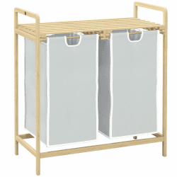 HOMCOM Wäschekorb Wäschebox mit 2 abnehmbaren Wäschesacke Wäschesammler mit Plattform Wäschesortierer für Badezimmer Bambus Creme 63,5 x 33 x 73 cm