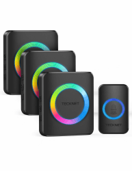 TECKNET Funkklingel, Kabellose Türklingel IP65 Wasserdicht Außen Funkklingel, 400m Reichweite, Funk klingel Set mit 3 Plug-In-Empfänger und 1 Sender, Haustür Klingel mit 60 Melodien und RGB Licht