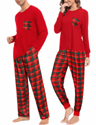 SWOMOG Weihnachten Schlafanzug Buffalo Plaid Pyjama Hose mit Taschen Langarm Oberteile Paare & Familie Pjs Herren S Rot