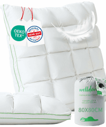 Welldora Premium Kopfkissen 80x80 | 100% Daunenfasern & Federn | Innovatives Puffwolken-Design für höchsten Komfort & Ergonomie | mittelfestes Kissen fachärztl. geprüft, Oeko-Tex zert. in der Schweiz