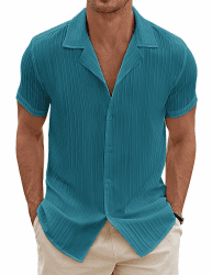 COOFANDY Herren Hemd Kurzarm Leichtes Sommerhemd Kuban Kragen Freizeithemd Männer Hawaiihemd Regular Fit Strandhemd Guayabera Shirt 3XL Blau Grün