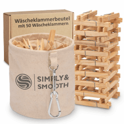 Wäscheklammerbeutel inklusive 50 Wäscheklammern aus Holz – Klammerbeutel aus 100% Baumwolle mit extra großen Karabinern zum Aufhängen - Wäscheklammerkorb mit Verschluss