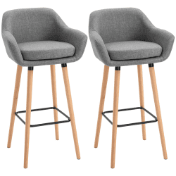 HOMCOM 2er-Set Barhocker, Barstuhl aus Leinen mit Sitzkissen, Küchenhocker, Bistrohocker mit Fußstützen, Buchenholzbeine, Tresenhocker für Wohnzimmer, Esszimmer, Grau, 55 x 48 x 100 cm