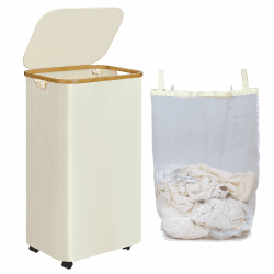 iEGrow 110L Wäschekorb mit Deckel, Pfandflaschen Sammelbehälter Großer Wäschesammler mit Rollen und Bambusgriff, Wäschekörbe mit Abnehmbarem und Waschbarem Innenbeutel für Wäschebäume (Beige)