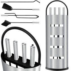 KESSER® Kaminzubehör 5-teiliges Kaminbesteck Set | Modern Design, beschichtet, Hochwertige Kamingarnitur aus 5 Teilen: Besen, Schaufel, Schürhaken, Zange, Ständer mit Sichtschutz Edelstahl Silber